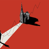 photo illustration with a church and a line chart