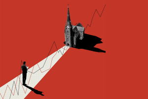 photo illustration with a church and a line chart