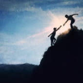 Conceptual painting with two people climbing a mountain together, one helping the other to reach the top peak.
