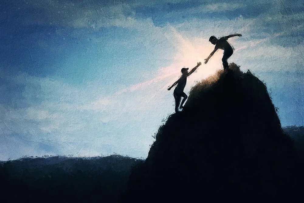 Conceptual painting with two people climbing a mountain together, one helping the other to reach the top peak.