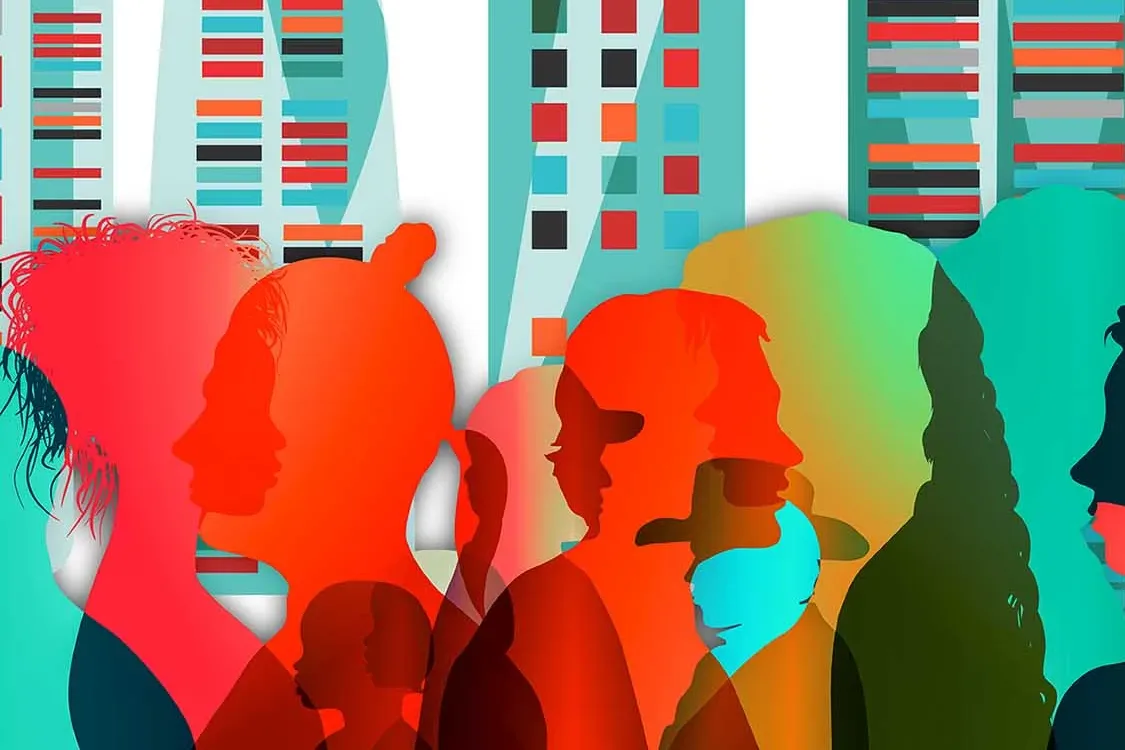 Illustration of many overlapping people and city buildings