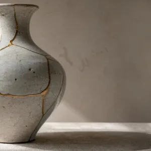 A broken pot, repaired in the Japanese art process called kintsugi.