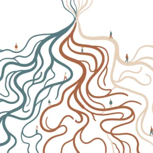 A picture of a number of paths with people walking toward a common destination