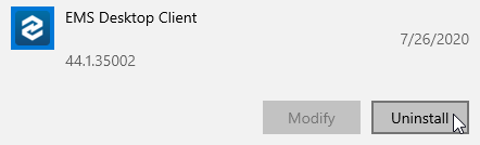 EMS uninstall selected from Add remove programs