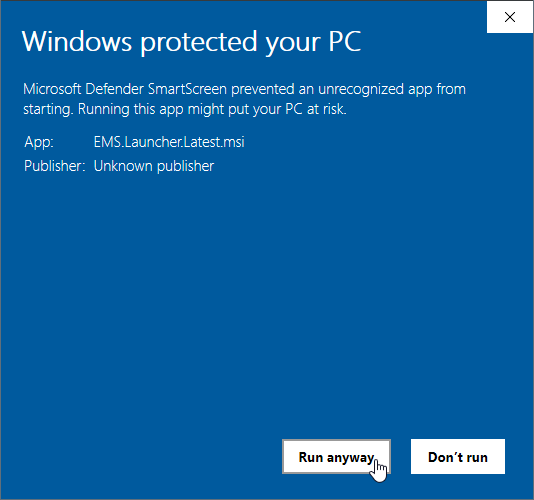 Windows installer warning window - click the "Run anyway" button