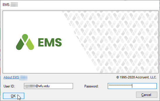 EMS Client log in screen