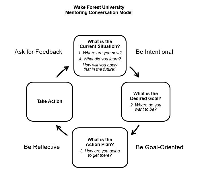 Mentoring Conversation Model: What is the current situation, what is the desired goal, what is the action plan, and ask for feedback.