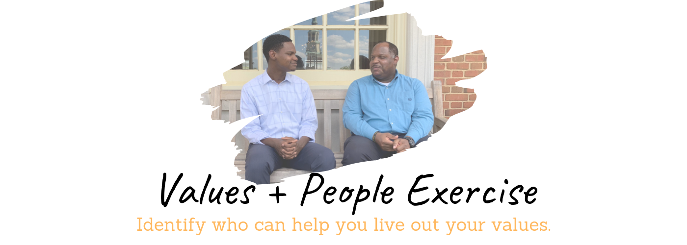 Photo of mentor and mentee talking. Values + People Exercise. Identify who can help you live out your values.