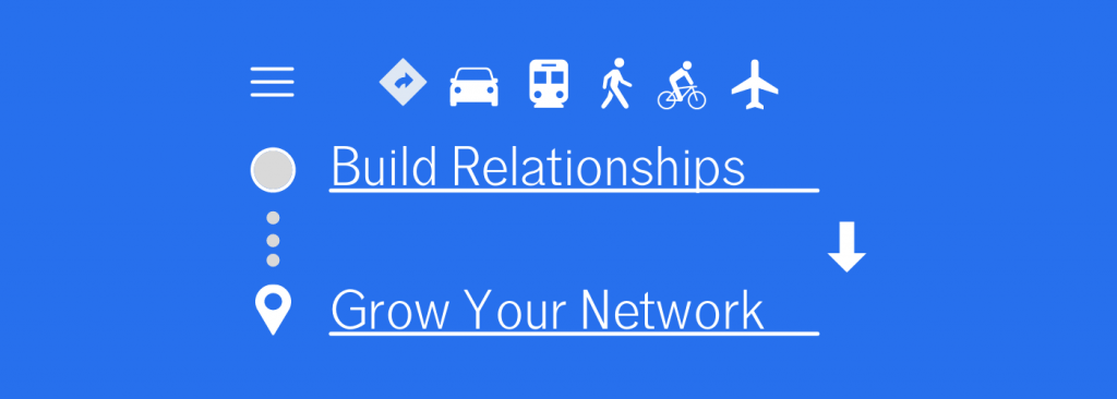 Google Maps graphic with "build relationships" and "Grow your network" listed as map destinations