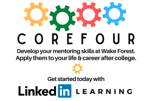 COREFour logo with colorful gears and the LinkedIn Learning logo