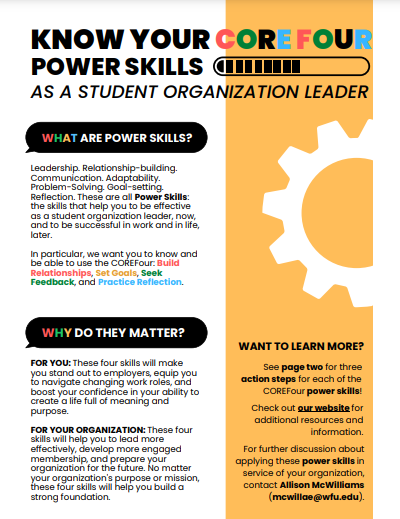 Colorful image of Core Four Power Skills Student Organization Leader guide