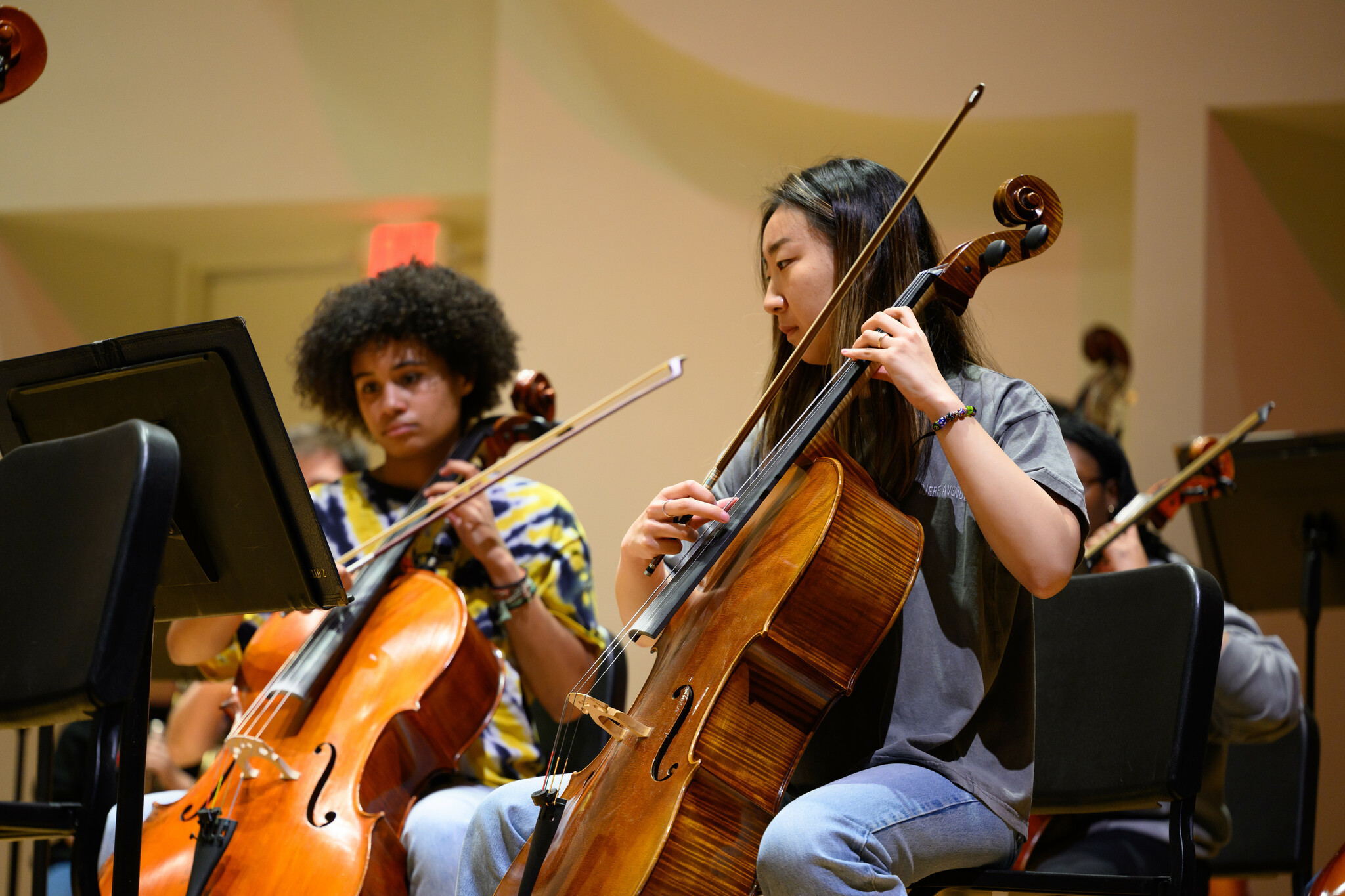 Students, faculty, staff, and community members attend the second annual Wakeville, a student-led, interdisciplinary arts festival on Saturday, April 6,2024 at Scales Fine Arts Center at Wake Forest University. Wakeville had many creative offerings in and around Scales Fine Arts Center and Davis Field, including music, dance, theater, visual art, film, comedy and more. The WFU Symphony Orchestra performs on the stage at Brendle Recital Hall.