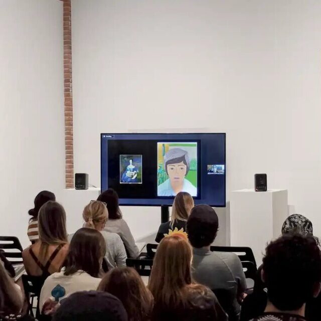 A group of students attends an art conservation presentation