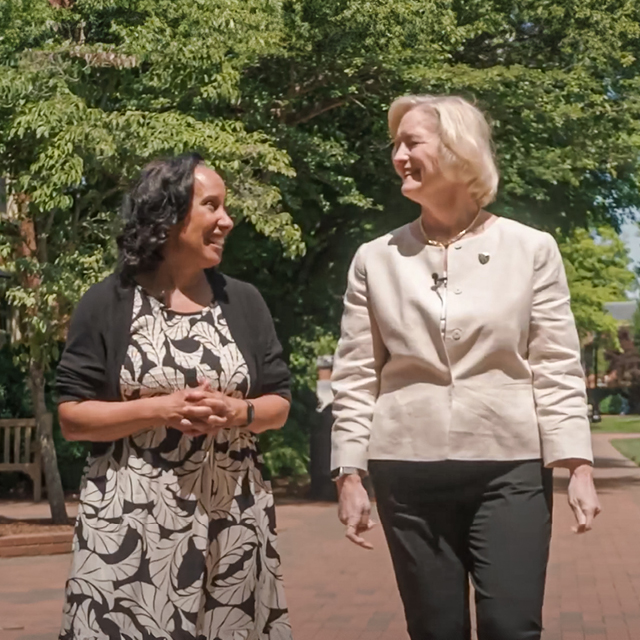 President Wente walks and talks with Nina Lucas, Professor of Dance