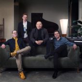 Icarus Quartet is (left to right) pianists Larry Weng (standing) and Christopher Goodpasture (seated), and percussionists Matt Keown and Jeff Stern. Pianist Max Hammond is not pictured here. Photograph courtesy of Frank Hamilton