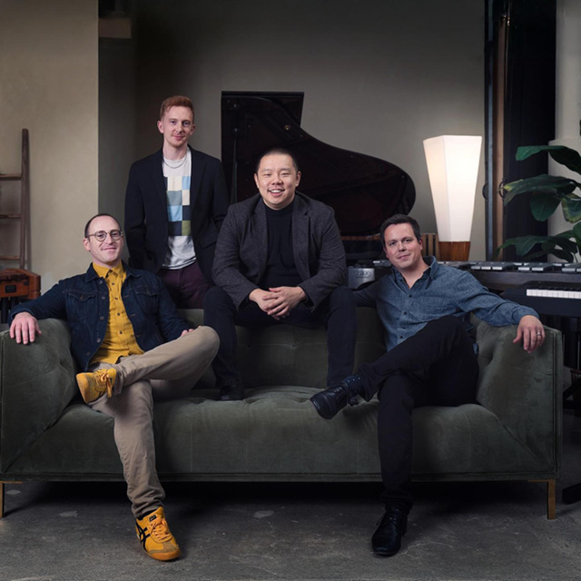 Icarus Quartet is (left to right) pianists Larry Weng (standing) and Christopher Goodpasture (seated), and percussionists Matt Keown and Jeff Stern. Pianist Max Hammond is not pictured here. Photograph courtesy of Frank Hamilton