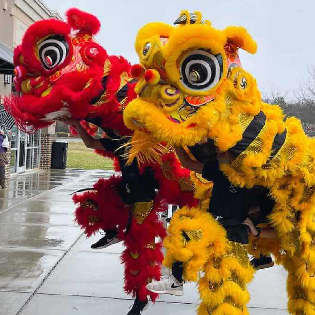 Two traditional lion dancers perform