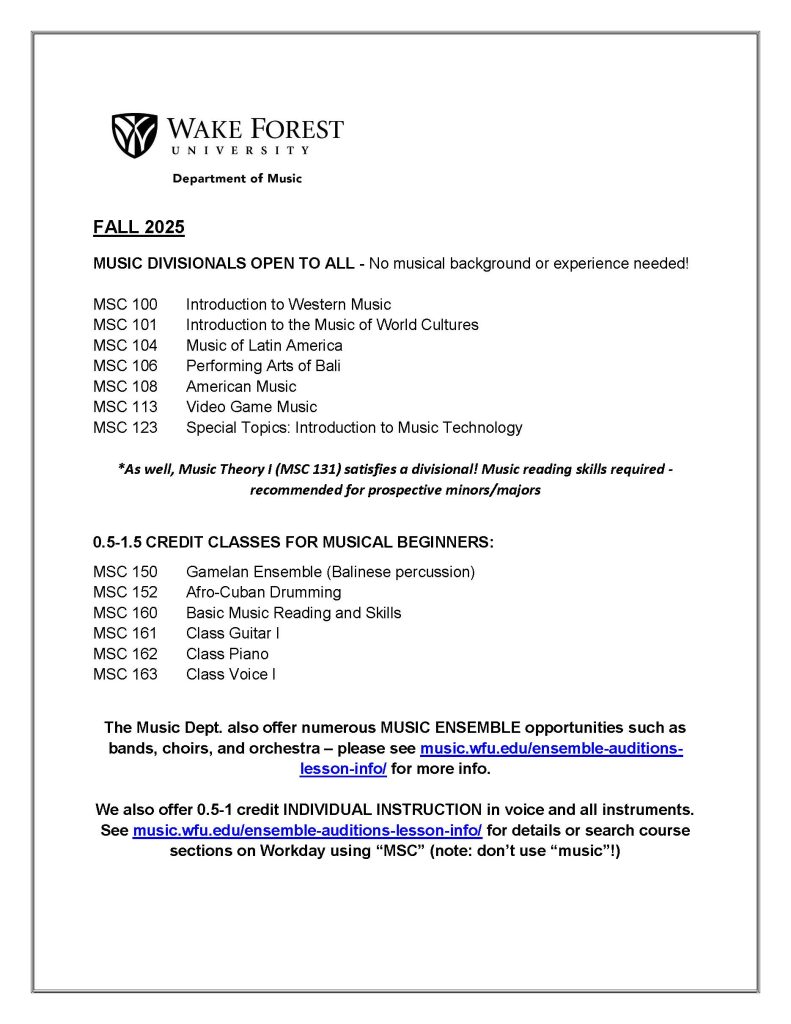 A list of introductory music classes offered in Fall 2025