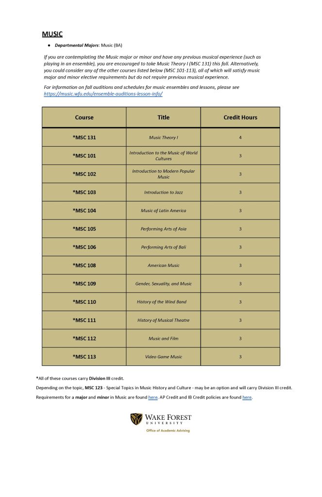 Recommended first semester courses for prospective music majors/minors