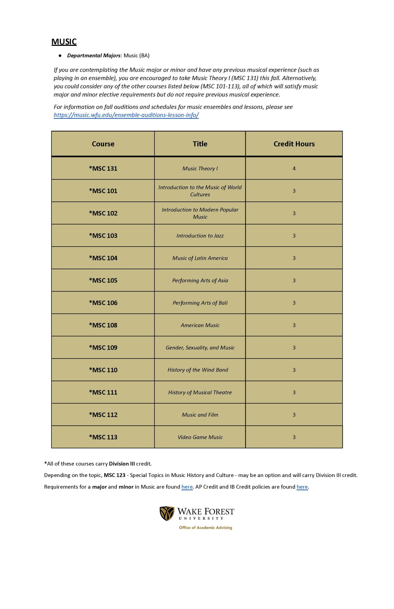 Recommended first semester courses for prospective music majors/minors