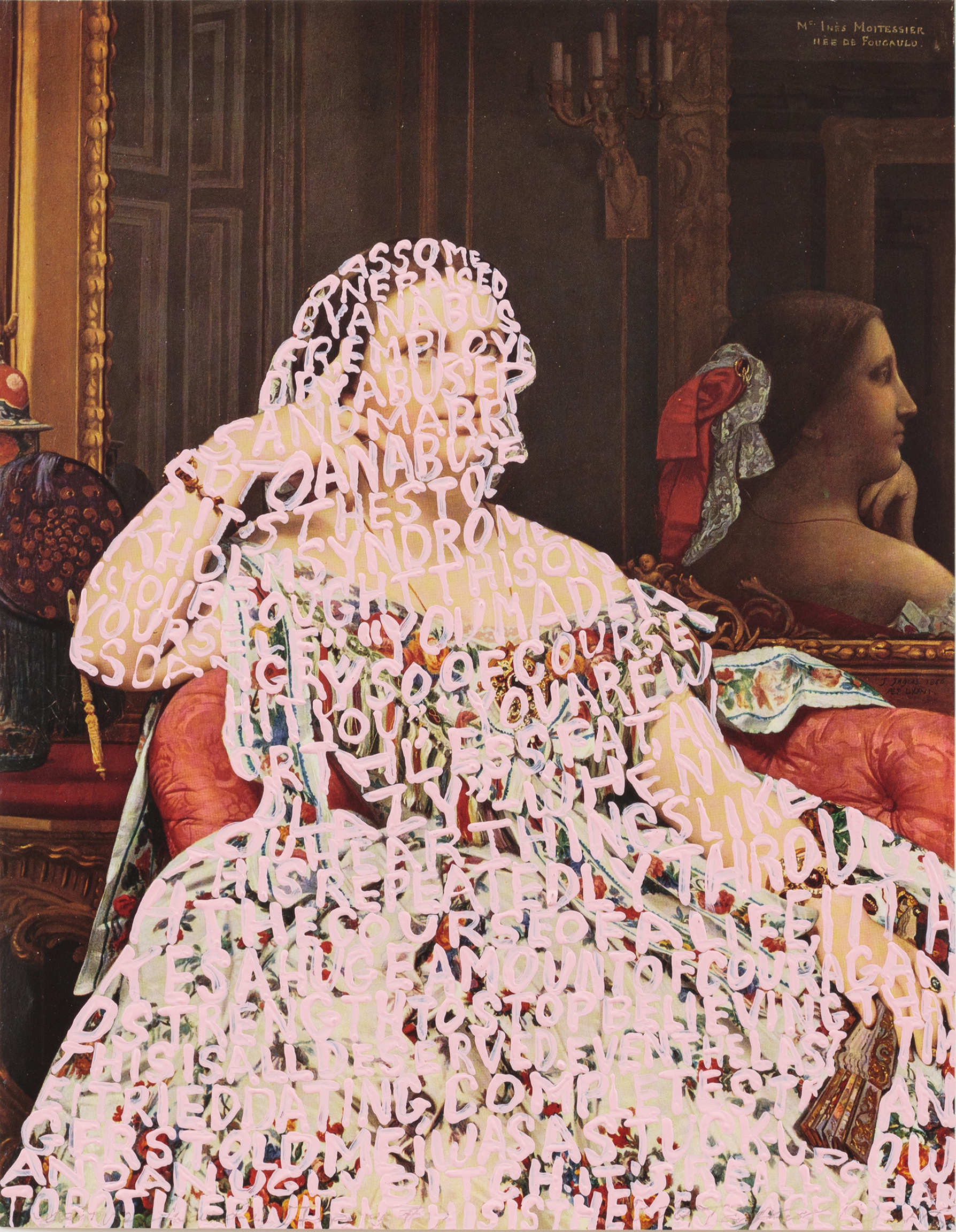 Woman reclining on chaise lounge with light pink painted letters overlaying her entire form. 