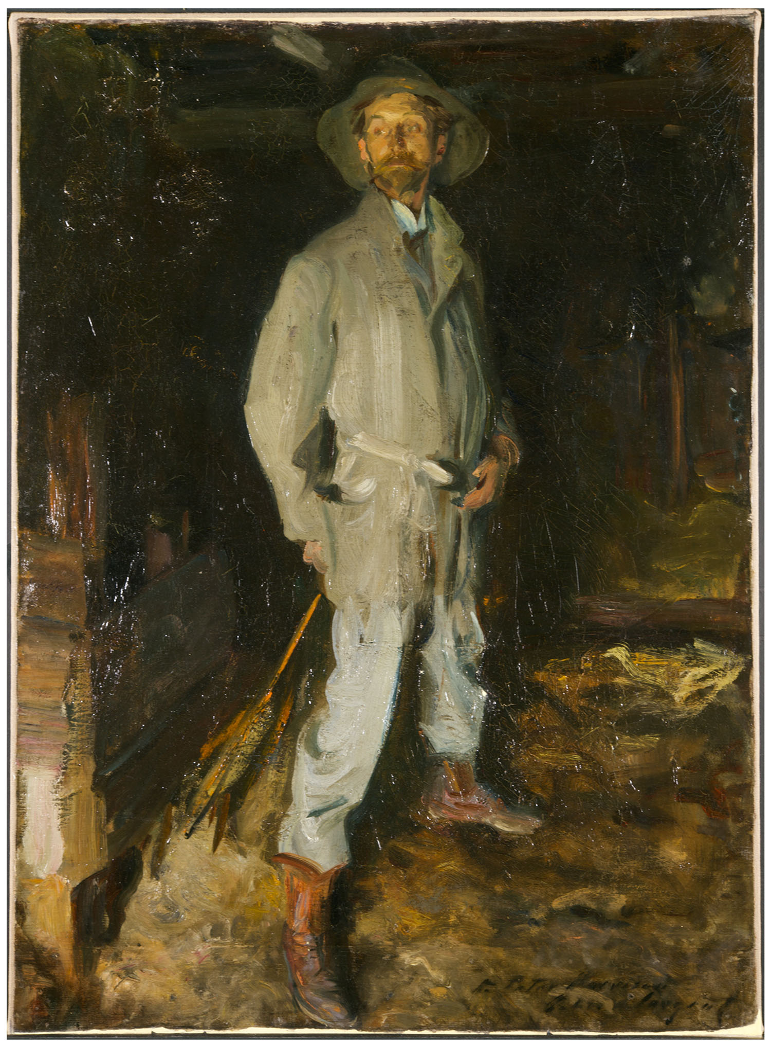 A full-length portrait of a bearded gentleman wearing a gray jacket, pants and hat, facing right and standing in a dark interior, post conservation