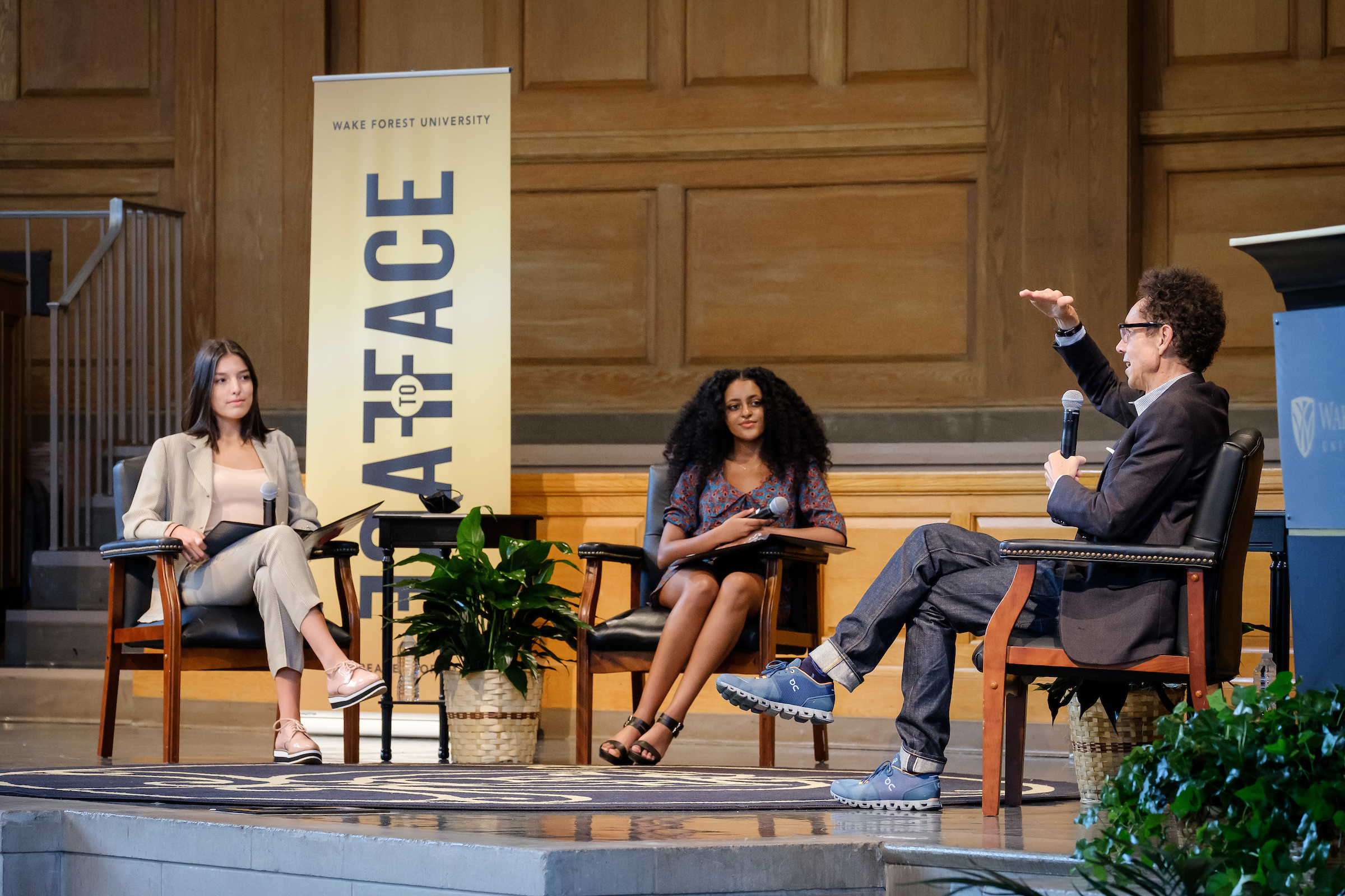 Wake Forest hosts a student-led discussion with journalist and author Malcolm Gladwell in Wait Chapel on on Tuesday, September 14, 2021. Leadership and Character Scholars Rute Ayalew and Sofia Ramirez Pedroza interview Gladwell on stage.