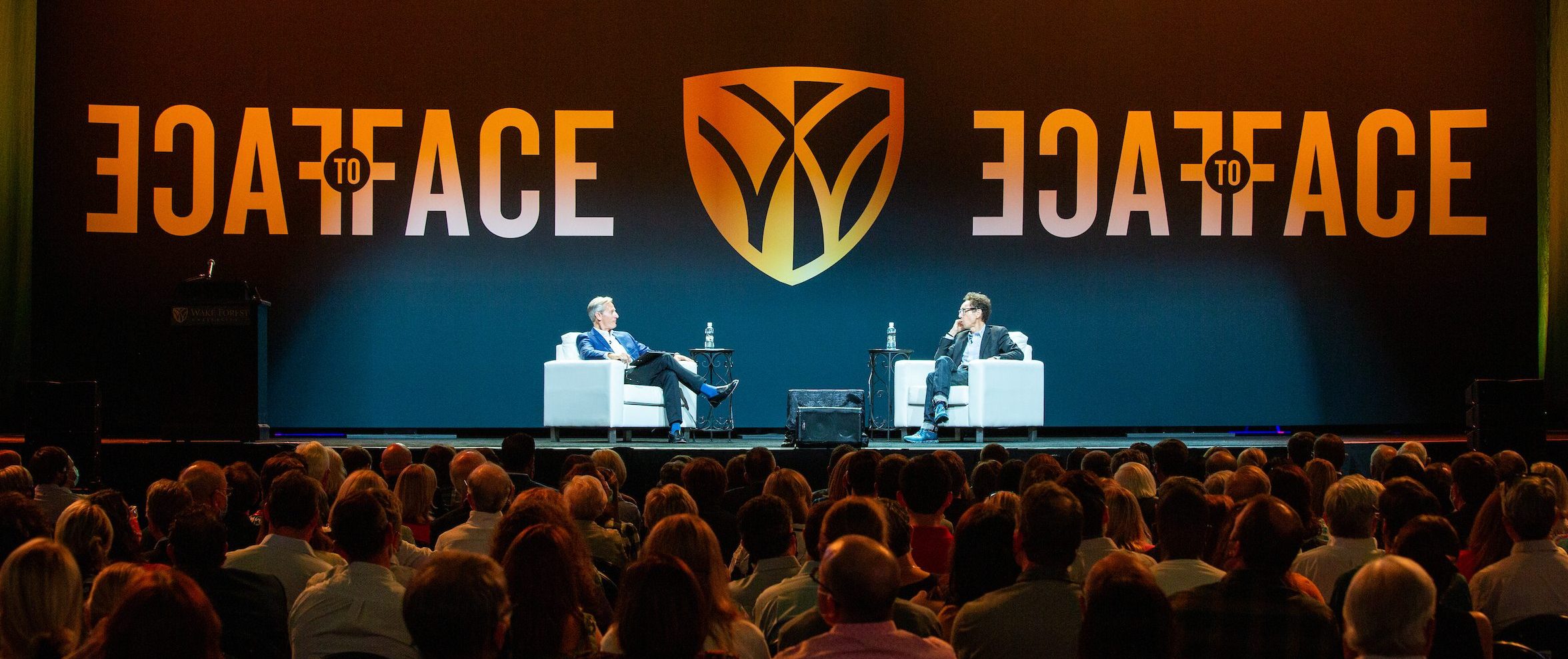 The Wake Forest Face To Face Speaker Series hosts Journalist Malcolm Gladwell in the LJVM Coliseum on Tuesday, September 14, 2021. Vice President Mark Petersen moderates the discussion and interviews Gladwell.