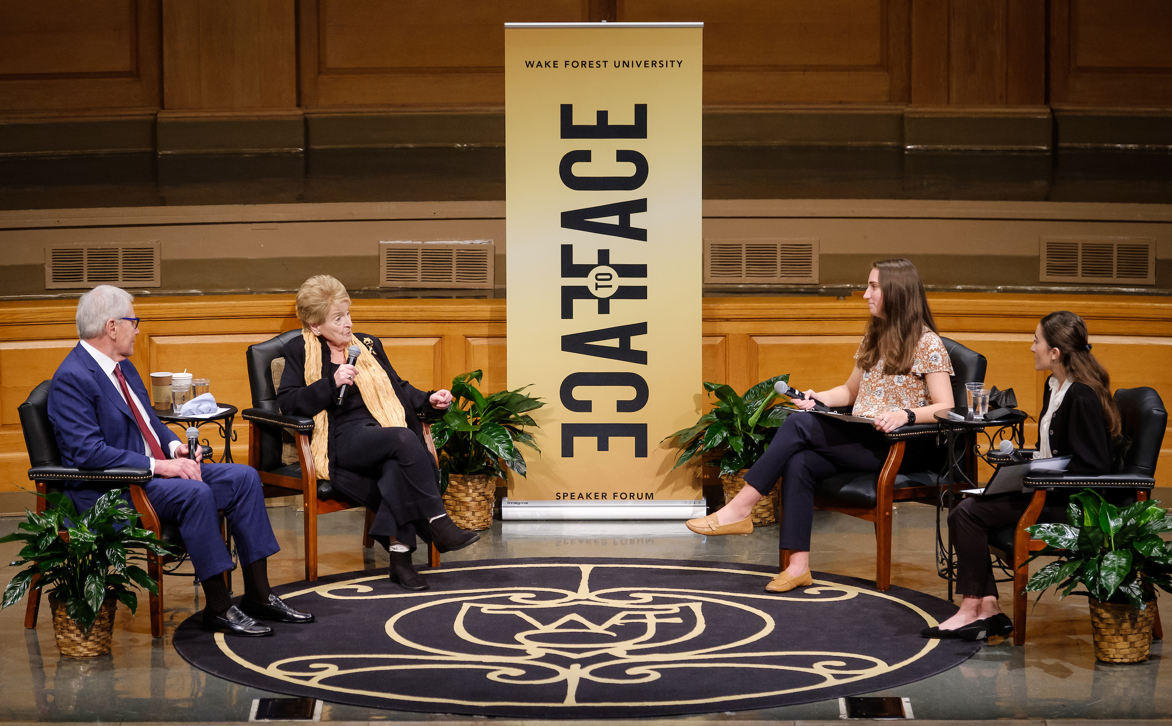 Former Secretary of State Madeleine Albright and former Secretary of Defense Chuck Hagel speak with Leadership and Character scholars Ani Garcia-Velez and Rachel Edwards in Wait Chapel, as part of the Face to Face speaker series,  on the campus of Wake Forest University on Tuesday, November 9, 2021.