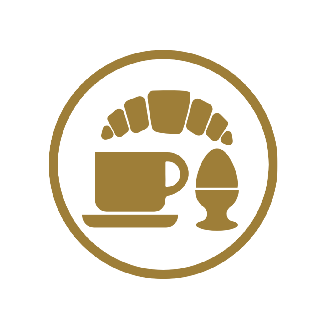 Icon of a plate of breakfast food items including cup of coffee, croissant, and an egg.