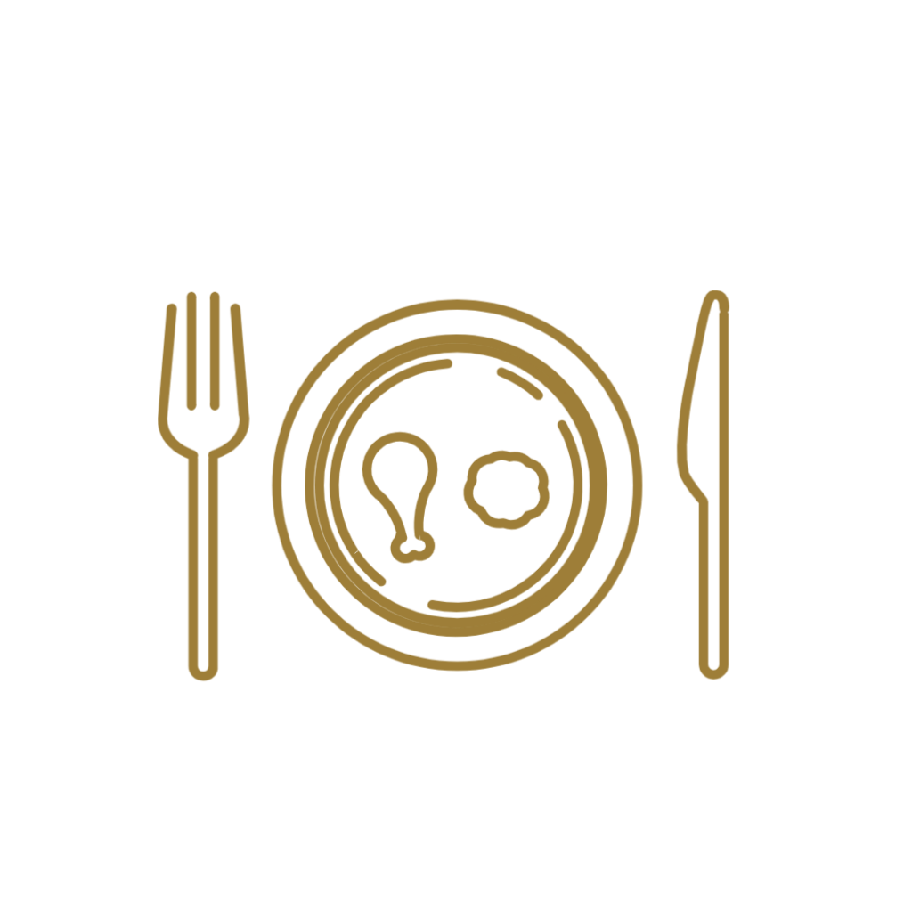 Icon of plate of food with a fork on the left and knife on the right.