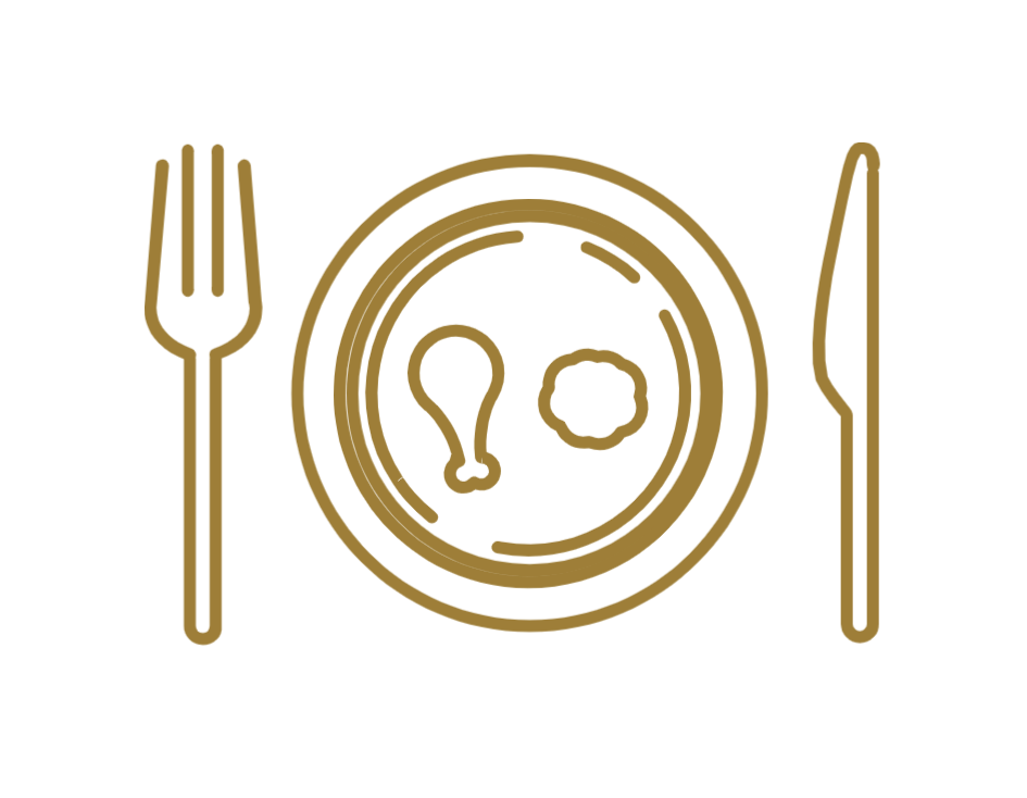 Icon of plate of food with a fork on the left and knife on the right.