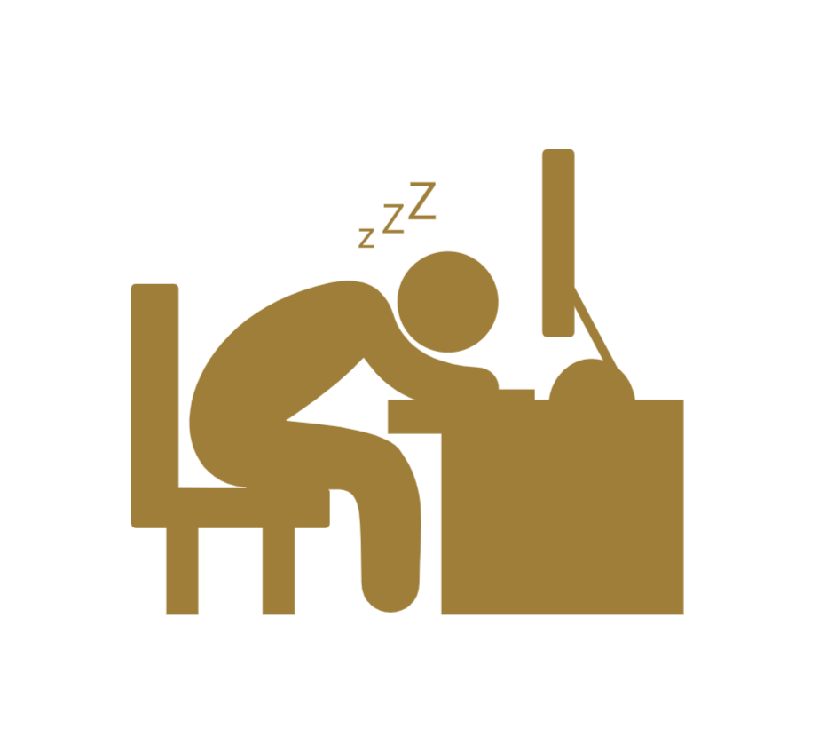 Icon image of person falling asleep at their desk in front of a computer.