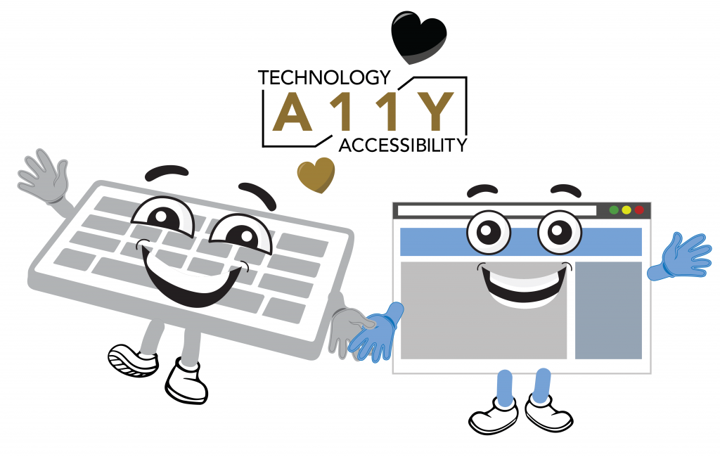 A keyboard and browser window happily hold hands with an a11y symbol and hearts above them