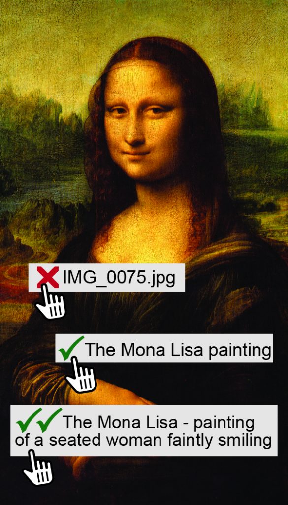 Mona Lisa painting with 3 hover-over style text blocks, one showing an image file name and a red X, one showing a green check and text stating "The Mona Lisa painting" and one showing 2 green checks stating "The Mona Lisa - painting of a seated woman faintly smiling.