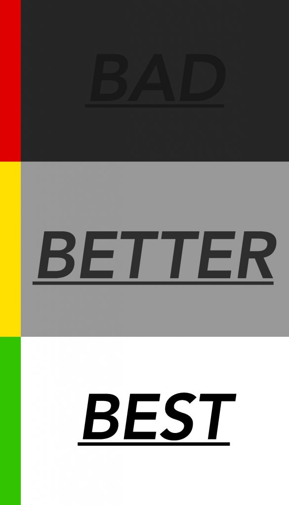 A red stripe next to the word BAD on a poorly contrasting background, yellow stripe next to the word BETTER on a better contrasting background, green stripe next to the word BEST in high contrast to its white background.