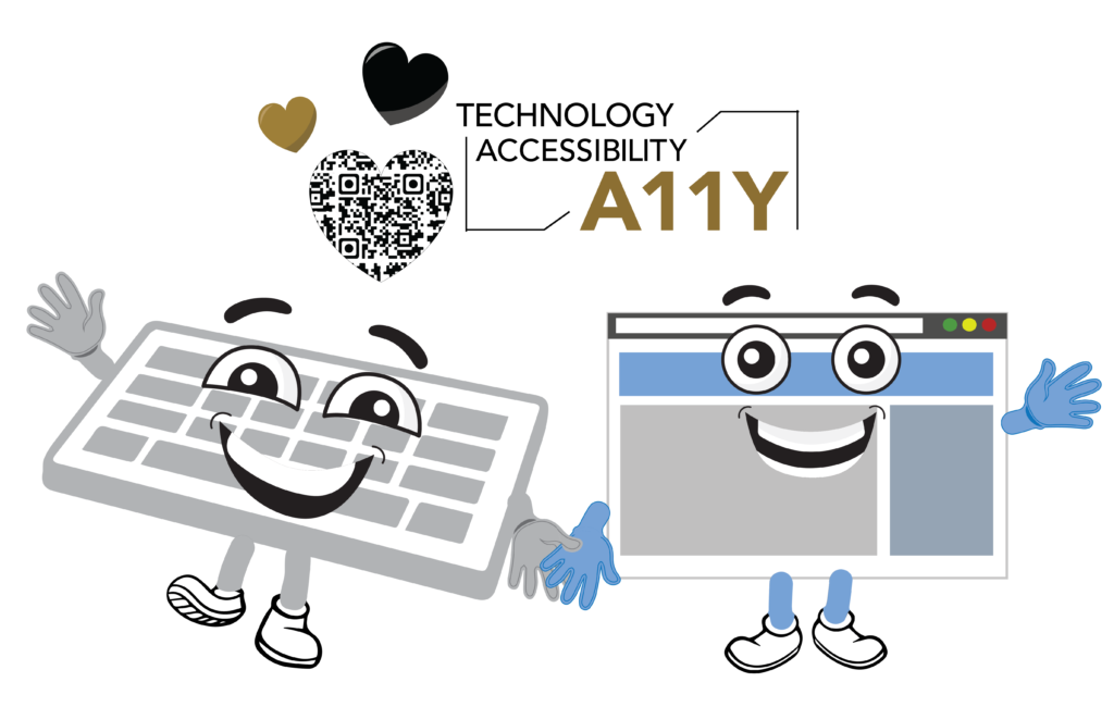 A keyboard and browser window happily hold hands with an a11y symbol, hearts, and a QR code in a heart above them