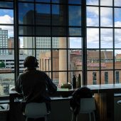 student studying in the break area of the fourth floor