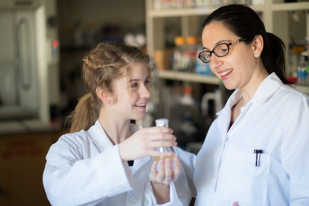 Hannah Martin works with chemistry professor Dos Santos