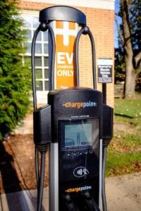 A new electric vehicle charging station has been installed on the Wake Forest campus near Tribble Hall, shown on Thursday, January 14, 2016