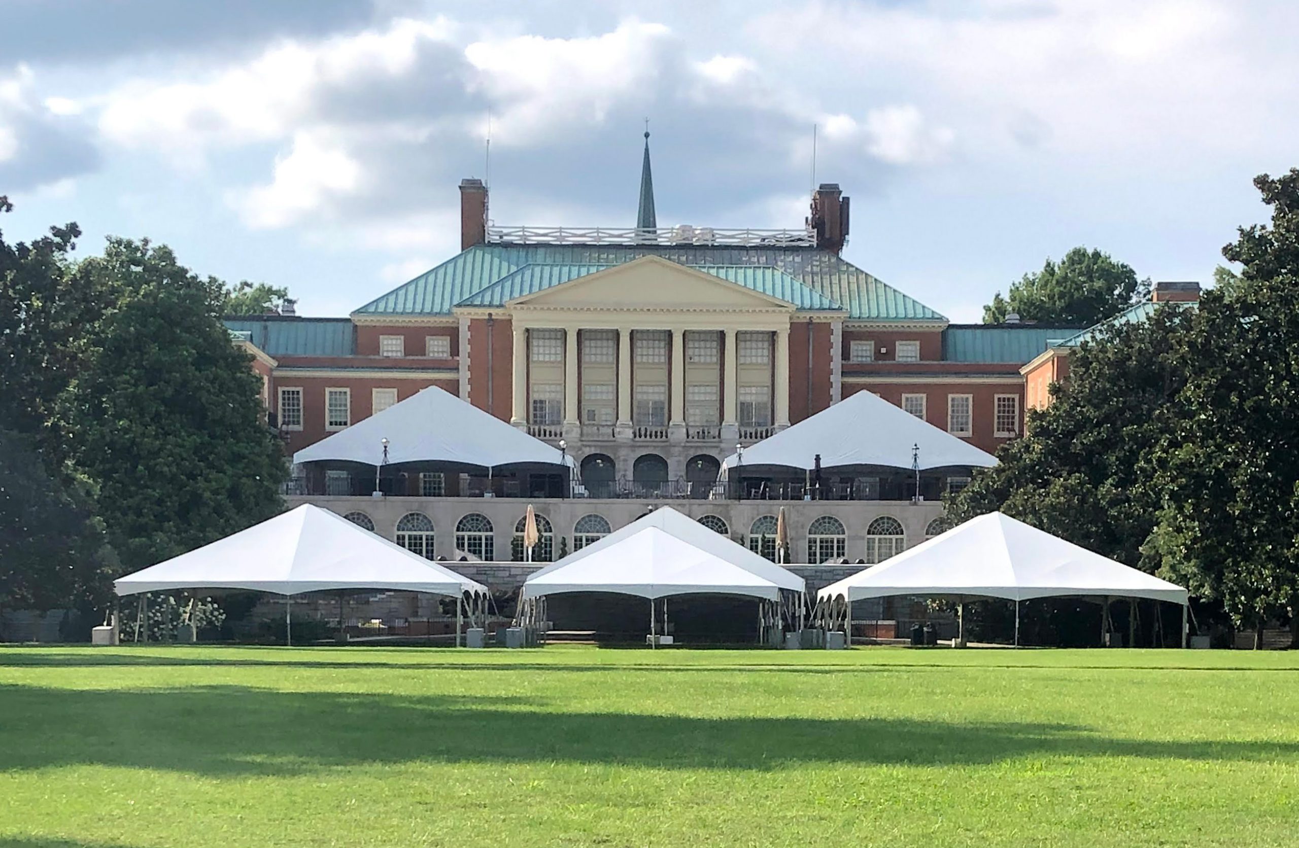 Tents set up on Manchester Plaza.