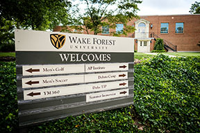 Sign placed on campus welcoming various summer camps to Wake Forest.