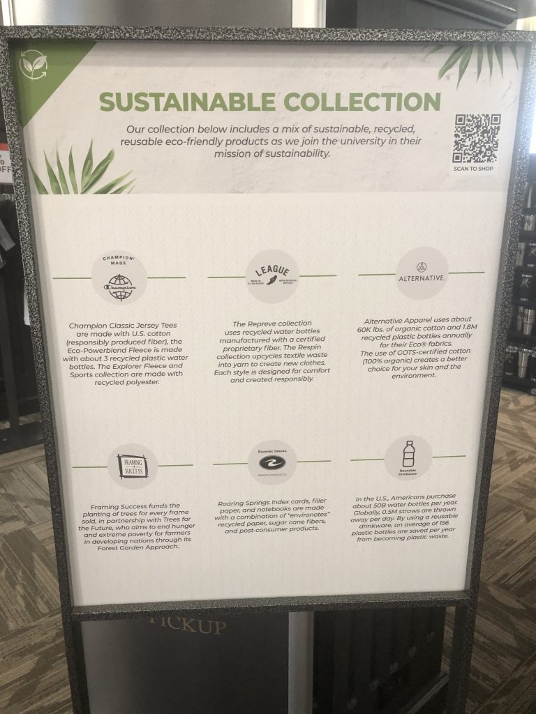 Photo of signage highlighting sustainable collection options offered at the Deacon Shop. 