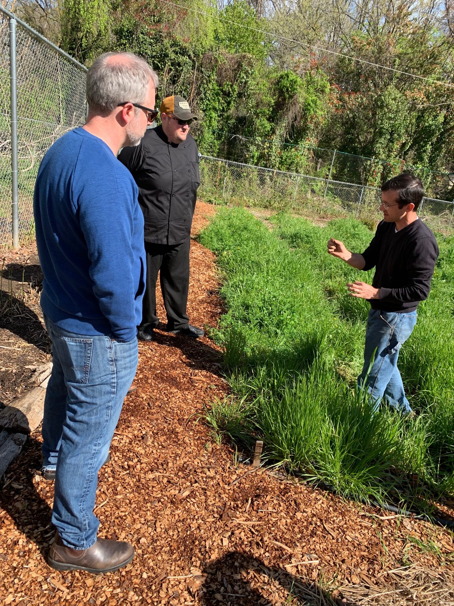 Chef Dissen and Chef Ryan listen as Nathan shares information about Campus Gardens.