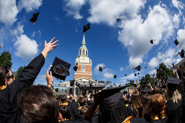 Wake Forest hosts Commencement 2020, delayed 16 months due to COVID, on Hearn Plaza on Saturday, September 18, 2021.   Graduates toss their caps to mark the end of the ceremony.