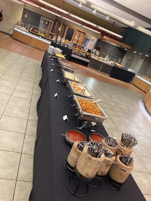 Buffet table set up in the Pit for Commencement dining. 