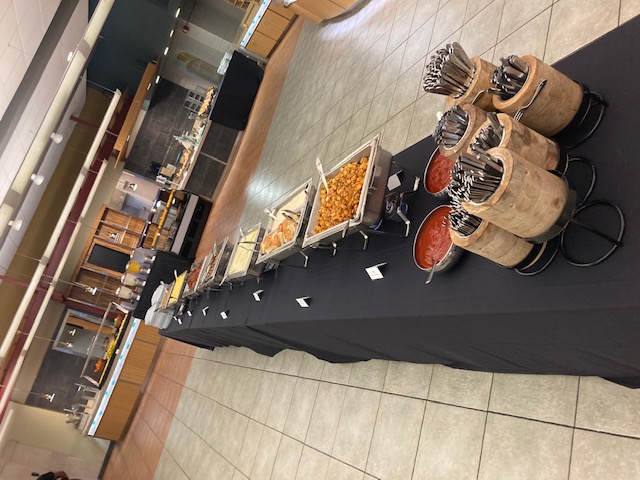Buffet table set up in the Pit for Commencement dining.