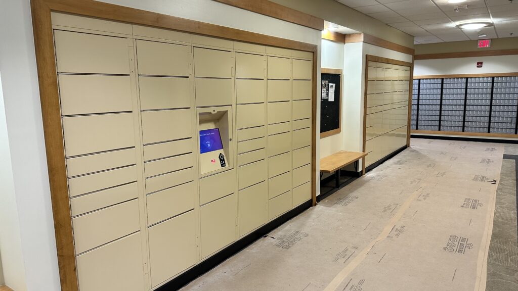 Photo of new smart mail delivery system (parcel lockers) located at Campus Mail. 