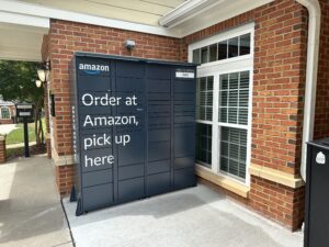 photo of amazon parcel lockers located outside Deacon Place apartments 