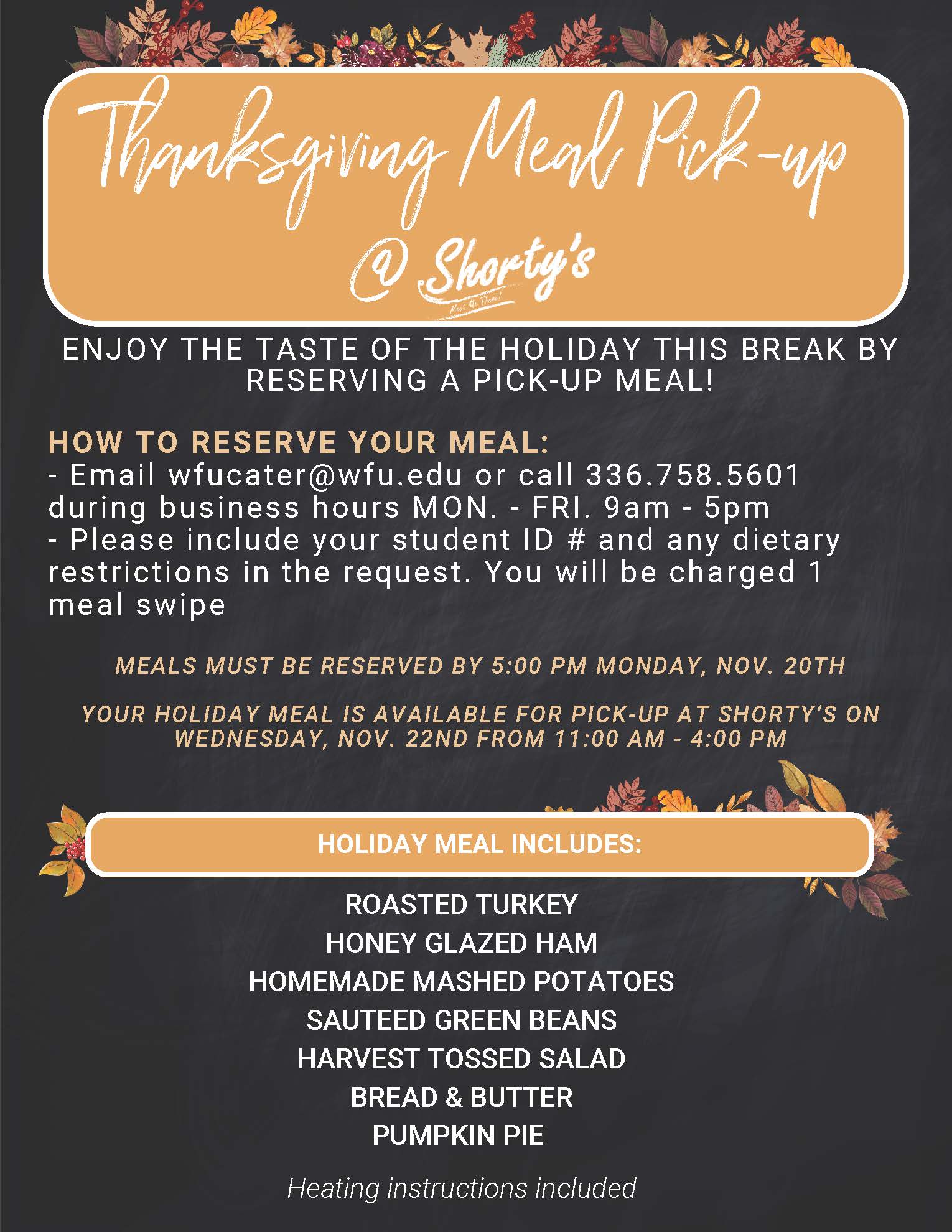 Shorty's Thanksgiving meal pick-up information